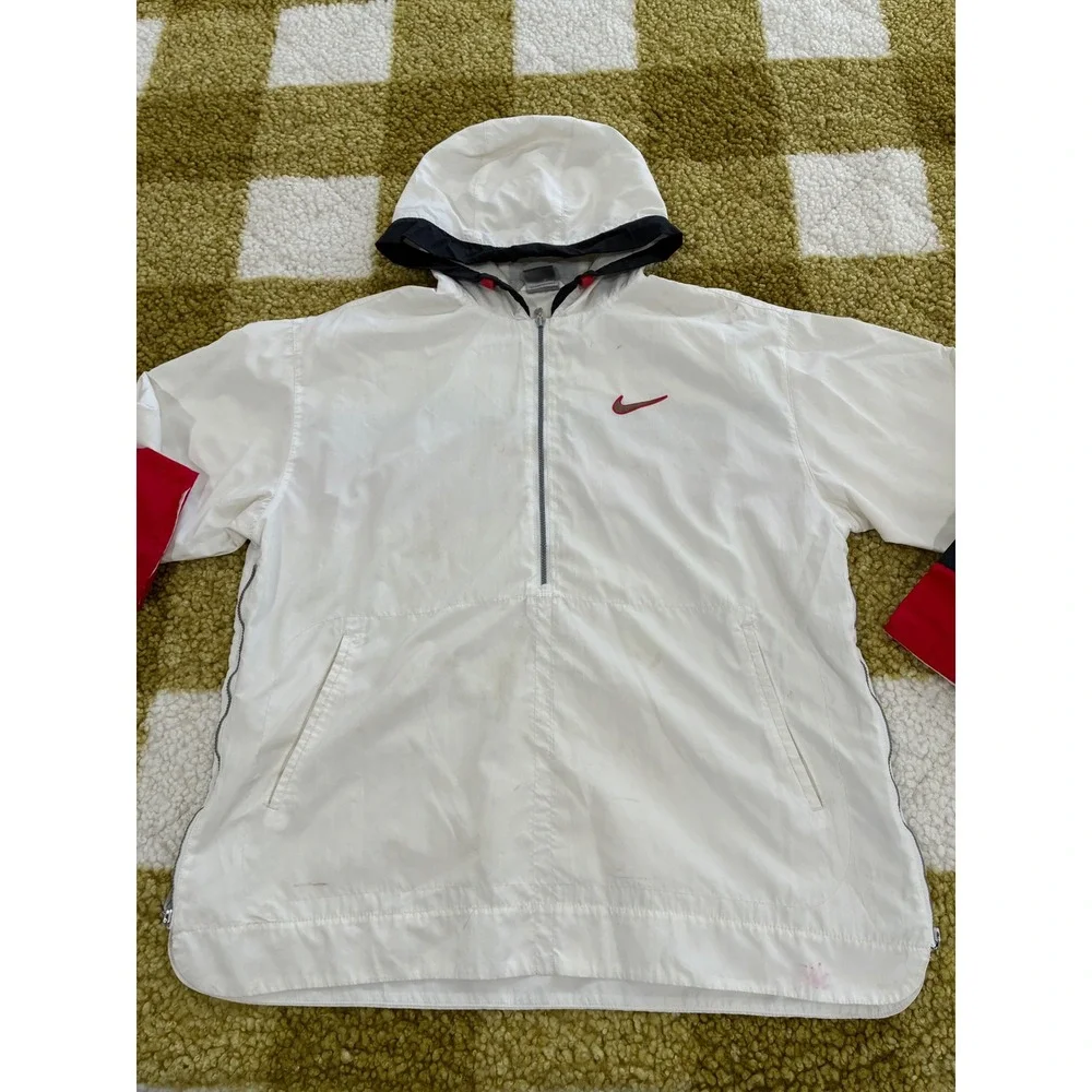 Nike Vintage 90s Windbreaker Half Zip Hoodie White Red Black Mens Large L(12-14)